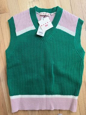 Marni Green Knit V-Neck Sweater Vest with Pink and White Trim